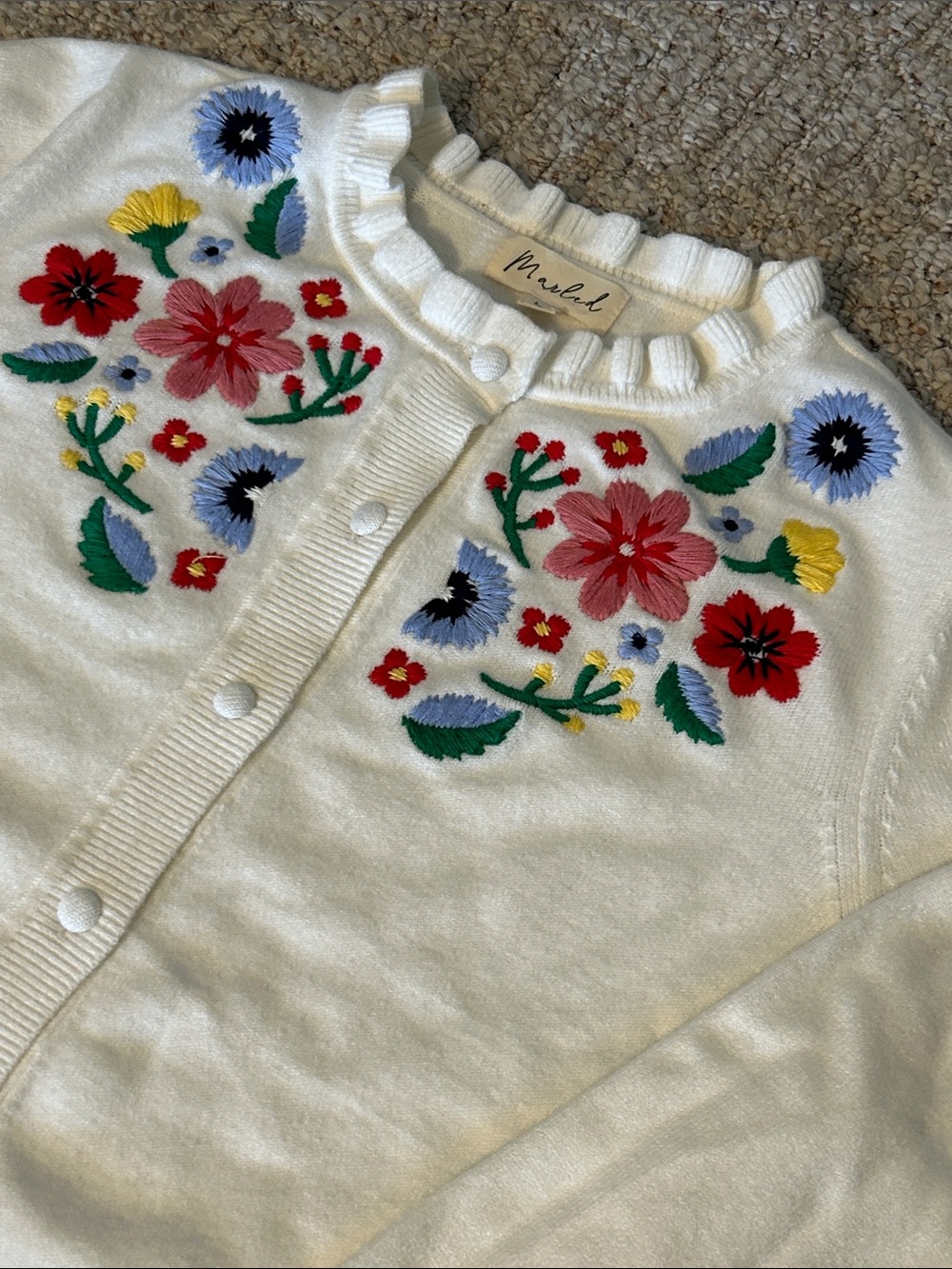 Marled White Floral Embroidered Button-Up Sweater Cardigan Medium - Picture 4 of 10